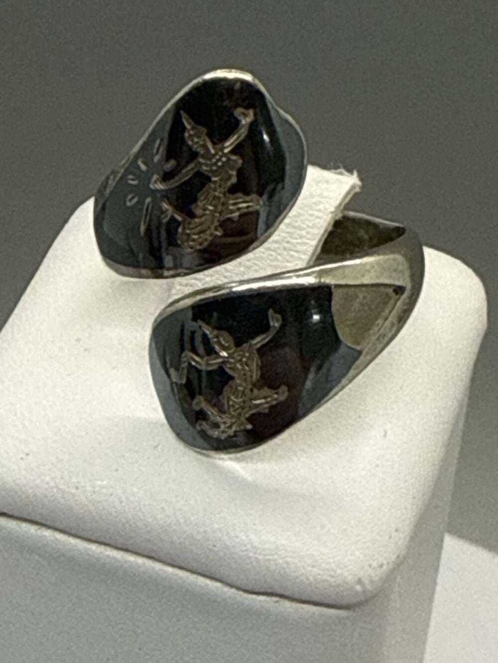 Siam Sterling Silver Niello Dancing Goddess Bypass Wrap Ring Boho MCM Tribal Vtg